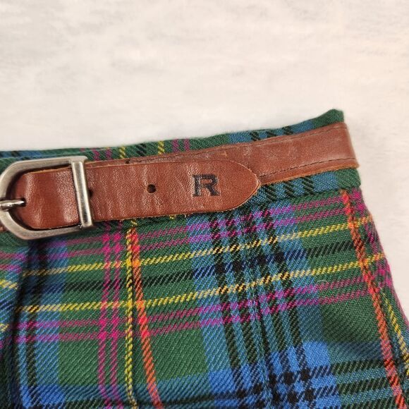 VTG Ralph Lauren Wool Tartan Plaid Pleated Belted Wrap Mini Skirt Sz 10 - Picture 3 of 13